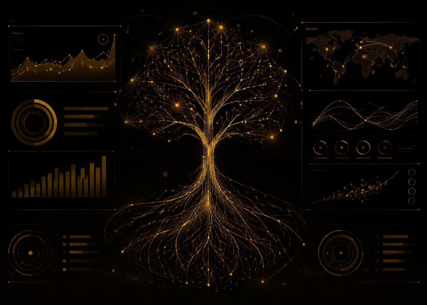 Golden data lines forming a tree across an analytics dashboard